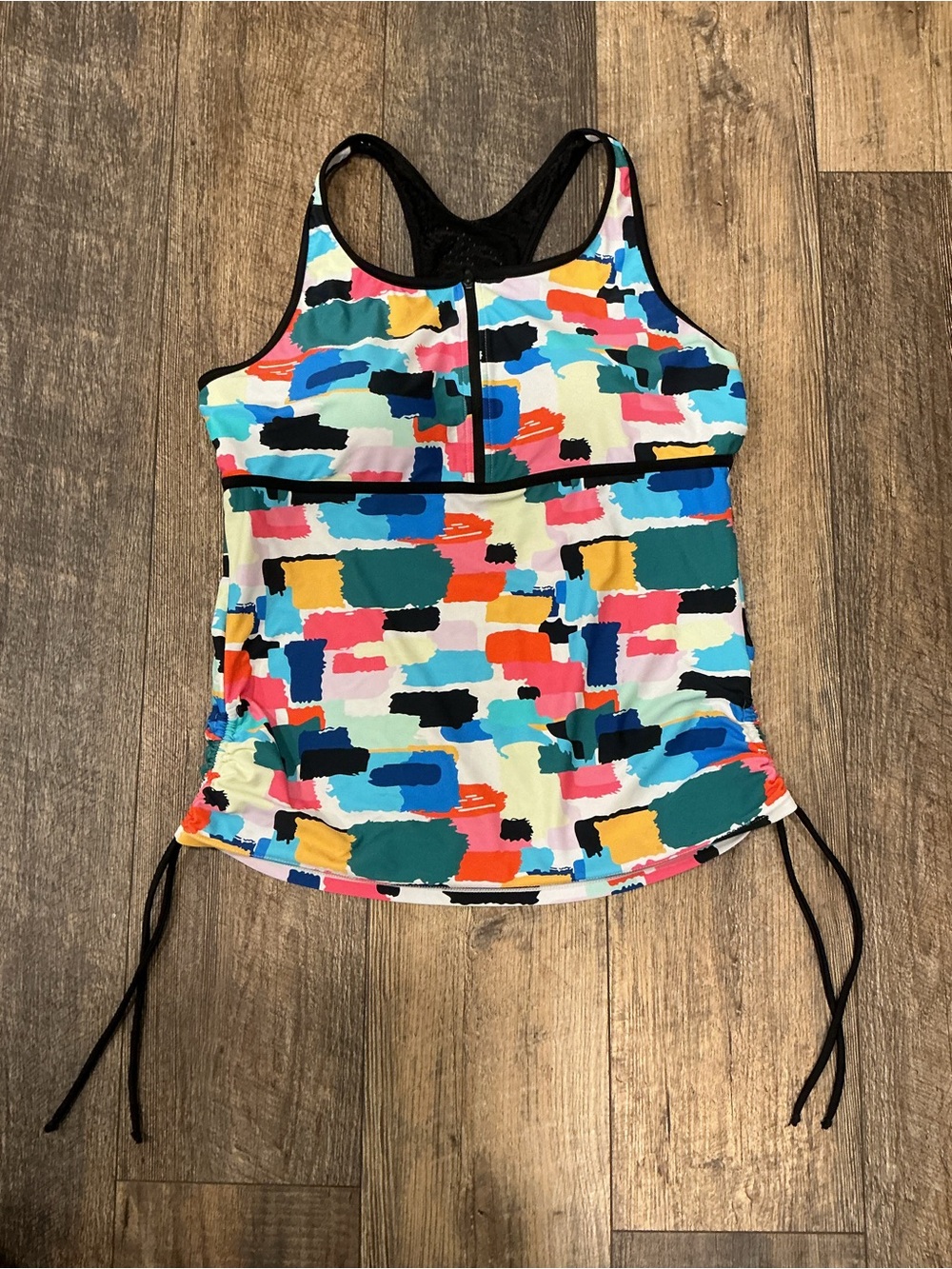Women’s Multicolor Abstract Print Swim Tank with Zip Front size Large